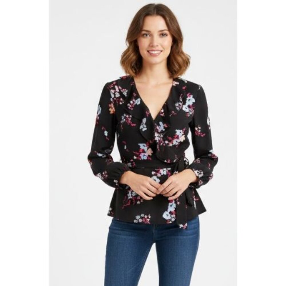 BANANA Republic Black flowery wrap blouse long sleeves light size M